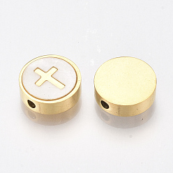 Golden 304 Stainless Steel Beads, with Shell, Flat Round with Cross, Golden, 10x3mm, Hole: 1.6mm