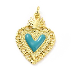 Turquoise Rack Plating Brass Enamel Pendants, with Jump Ring, Long-Lasting Plated, Real 18K Gold Plated, Cadmium Free & Lead Free, Sacred Heart Charm, Turquoise, 28x20x3mm, Jump Ring: 5x0.8mm, Inner Diameter: 3mm