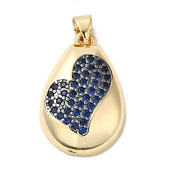 Dark Blue Rack Plating Brass Micro Pave Cubic Zirconia Pendants, Cadmium Free & Lead Free, Long-Lasting Plated, Real 18K Gold Plated, Teardrop with Heart, Dark Blue, 23x15x5mm, Hole: 5x3.5mm