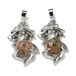 Унакит Природные подвески Unakite, Подвески-драконы со стойкой, латунная фурнитура, платина, без кадмия и без свинца, 31x18x8~10 мм, отверстие : 5x8 мм