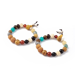 Colorful Natural Mixed Gemstone Round Beaded Stretch Bracelet, Wood Gourd Mala Bead Bracelet for Women, Colorful, Inner Diameter: 2-1/2 inch(6.5cm)