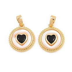 Настоящее золото 18K Латунные микро проложить кубического циркония подвески, с оболочкой, плоский круглый с сердечками, реальный 18 k позолоченный, 16x14x3.5 мм, отверстие : 4x2.5 мм