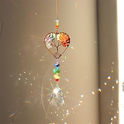 Mixed Stone Mixed Stone Chip Wrapped Heart with Tree of Life Hanging Ornaments, Glass Teardrop Tassel Suncatchers for Home Outdoor Decoration, 180mm
