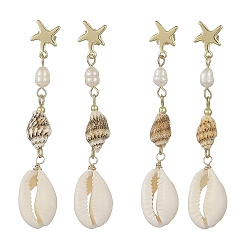 Golden 304 Stainless Steel with Natural Pearl Beads Stud Earrings, Starfish, Shell Beads Dangle Earrings, Golden, 65~66x12~12.5mm