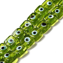 Olive Drab Handmade Evil Eye Lampwork Beads Strands, Square, Olive Drab, 10~11x10~11x4~5.5mm, Hole: 1.6mm, about 40pcs/strand, 16.02 inch(40.7cm)