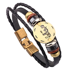 Virgo Braided Cowhide Cord Multi-Strand Bracelets, Constellation Bracelet for Men, with Wood Bead & Alloy Clasp, Virgo, 8-1/4 inch(21cm)
