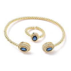 Королевский синий Овальные латунные браслеты-манжеты и кольца с микропаве из кубического циркония для женщин, стойки покрытие, реальный 18 k позолоченный, королевский синий, браслет: 3~11.5ширина мм, 61x52 мм внутренним диаметром