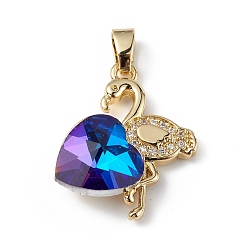 Сине-фиолетовый Настоящие позолоченные подвески из латуни с микропаве из прозрачного кубического циркония, со стеклом, долговечный, без кадмия и без свинца, фламинго с сердечком, синий фиолетовый, 18 мм, отверстие : 24x19x8 мм