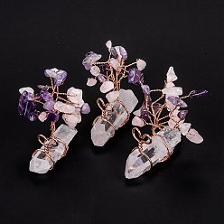 Смешанные камни Украшения дисплея косы натурального кварца кристалла, с бусинами из натурального смешанного камня и ветвью из латуни из розового золота, 46~62x29~43x42~54 мм