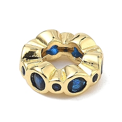 Синий Латунные микро проложить Цирконий Европейский бисером, бусины с большим отверстием, плоско-круглые, стойки покрытие, долговечный, без кадмия и без свинца, реальный 18 k позолоченный, синие, 10x3 мм, отверстие : 4.8 мм