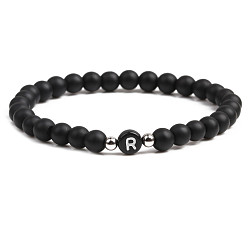 Dumb Black Stone R 6mm Matte Agate Stone Beaded Letter Bracelet for Men and Couples Jewelry