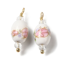 Pink Handmade Porcelain Pendants, with Brass Findings, Real 18K Gold Plated, Barrel with Flower Pattern, Pink, 22.5x8mm, Hole: 1.8mm