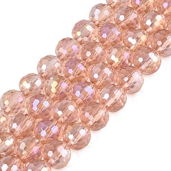 Dark Salmon Transparent Glass Beads Strands, Round, Faceted(96 Facets), AB Color Plated, Dark Salmon, 8mm, Hole: 1~1.2mm, about 67~71pcs/strand, 19.29~20.87 inch(49~53cm)