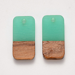 Turquoise Two-tone Transparent Resin & Walnut Wood Pendants, Waxed, Rectangle, Turquoise, 20.5x10x3~4mm, Hole: 2mm
