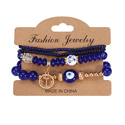 HY-2824-F Sapphire Blue Bohemian Anchor Pendant Multi-layer Bracelet with Devil's Eye Glass Bead Elastic Bangle Jewelry