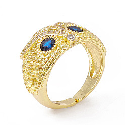 Dark Blue Cubic Zirconia Owl Open Cuff Rings, Golden Brass Jewelry for Women, Dark Blue, US Size 6 1/2(16.9mm)