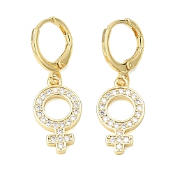 Real 18K Gold Plated Brass Micro Pave Cubic Zirconia Leverback Dangle Earrings, Female Symbol, Rack Plating, Long-Lasting Plated, Cadmium Free & Lead Free, Real 18K Gold Plated, 31x10.5mm