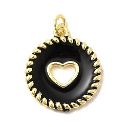 Черный Латунь эмаль подвески, плоские круглые подвески с полыми сердечками, без свинца и без кадмия, долговечный, стойки покрытие, реальный 18 k позолоченный, чёрные, 20.5~21x18x2.5 мм, отверстие : 3.4 мм