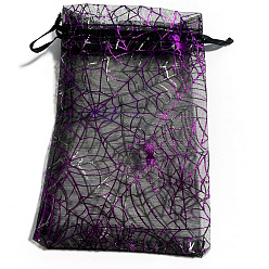 Black Halloween Theme Rectangle Printed Organza Drawstring Bags, Purple Spider Web Pattern, Black, 15x10cm