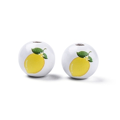 Лимон Деревянные бусины с принтом на летнюю тематику, круглые, желтые, лимонный узор, 15.5~16x15 мм, отверстие : 3.5 мм