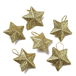 Gold Plastic Glitter Star Pendant Decorations, Silk Ribbon Christmas Tree Hanging Decoration, Gold, 43x46x16.5mm