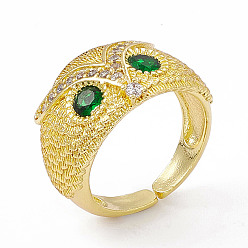 Dark Green Cubic Zirconia Owl Open Cuff Rings, Golden Brass Jewelry for Women, Dark Green, US Size 6 1/2(16.9mm)