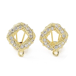 Real 18K Gold Plated Hollow Rhombus Brass Micro Pave Cubic Zirconia Stud Earrings Finding, with Horizontal Loops, Cadmium Free & Lead Free, Real 18K Gold Plated, 18x15mm, Hole: 1.4mm, Pin: 0.8mm