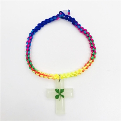 Cross Luminous Resin with Clover Charm Bracelet, Glow In The Dark Nylon Cord Braided Bracelet for Women, Colorful, Cross Pattern, Pendant: 20mm