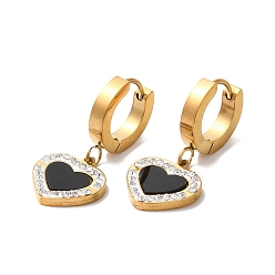 Golden Black Acrylic Heart Dangle Earrings with Rhinestone, Ion Plating(IP) 304 Stainless Steel Jewelry, Golden, 28mm, Pin: 1mm