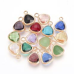 Mixed Color Glass Charms, with Brass Findings, Faceted, Triangle, Nickel Free, Raw(Unplated), Mixed Color, 12.5x9x4mm, Hole: 2mm