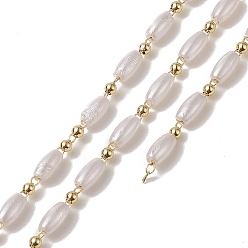 Golden Rack Plating Brass Satellite Chains, with Plastic Pearl Oval Beaded, Soldered, with Card Paper, Golden, 6x3mm