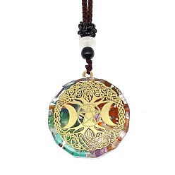 Moon Orgonite Chakra Natural & Synthetic Mixed Stone Pendant Necklaces, Nylon Thread Necklace for Women, Flat Round, Moon, 25.59 inch(65cm)
