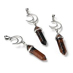 Mahogany Obsidian Natural Mahogany Obsidian Double Terminated Pointed Big Pendants, with Platinum Tone Brass Findings, Cadmium Free & Lead Free, Moon with Bullet, Faceted, 70~75mm, Hole: 4.6x8mm