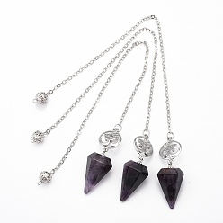 Amethyst Natural Amethyst Hexagonal Pointed Dowsing Pendulums, with Platinum Plated Brass Findings, Aum/Om Symbol & Cone, 230x2x0.1mm