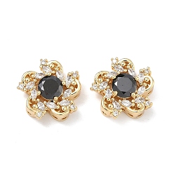 Черный Латунные звенья с инкрустацией кубическим цирконием, цветок, реальный 18 k позолоченный, чёрные, 15x15.5x6.5 мм, отверстие : 1.2 мм