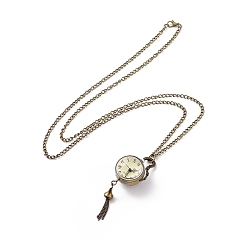 Antique Bronze Alloy Round Pendant Necklace Quartz Pocket Watch, with Iron Chains and Lobster Claw Clasps, Antique Bronze, 31.1 inch, Watch Head: 85x29x23mm