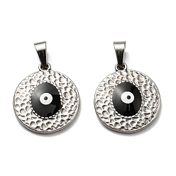 Black 304 Stainless Steel Pendants, with Enamel, Flat Round with Evil Eye Charm, Stainless Steel Color, Black, 18x16x2.5mm, Hole: 5.5x3.5mm