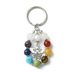 Angel & Fairy 7 Chakra Gemstone Bead Pendant Keychain with Tibetan Style Alloy Charm, for Car Key Bag Ornament, Angel & Fairy, 7.7cm