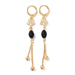 Light Gold Rhinestone Star Leverback Earrings with Glass Beaded, Brass Chains Tassel Earrings for Women, Light Gold, 69~70x9.5mm