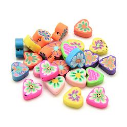 Mixed Color Handmade Polymer Clay Beads, Heart with Flower, Mixed Color, 10x10~11x4mm, Hole: 1~2mm