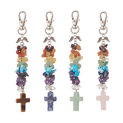 Mixed Stone Chakra Gemstone Cross & Chips Beaded Keychain, with Alloy Swivel Lobster Claw Clasps, 133x20mm