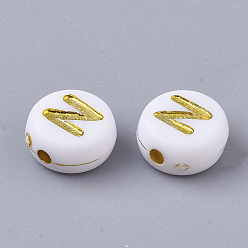 Letter N Plating Acrylic Beads, Golden Metal Enlaced, Horizontal Hole, Flat Round with Alphabet, White, Letter.N, 7x3.5mm, Hole: 1.2mm, about 3600pcs/500g