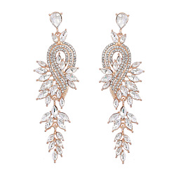 Crystal Sparkling Rhinestone Leafy Branch Dangle Stud Earrings, Golden Alloy Long Drop Earrings for Women, Crystal, 95x30mm