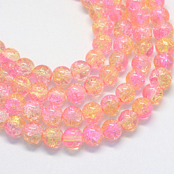 Pink Baking Painted Transparent Crackle Glass Round Bead Strands, Pink, 8.5~9mm, Hole: 1.5mm, about 105pcs/strand, 31.8 inch