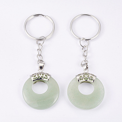 Green Aventurine Natural Green Aventurine Keychain, with Platinum Plated Iron Key Rings and Brass Findings, Flat Round, 84mm