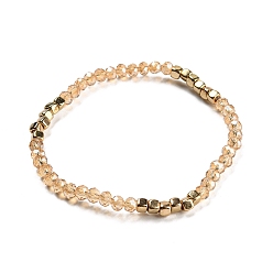 Pearl Pink Gold-tone Miyuki Elastic Crystal Beaded Bracelet with Acrylic Tube Beads