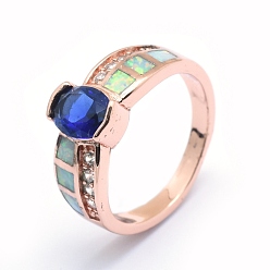 Rose Gold Cubic Zirconia Finger Rings, with Synthetic Opal and Brass Findings, Long-Lasting Plated, Oval, Size 7, Blue, Rose Gold, 17.5mm