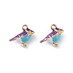 Фиолетовый Подвески из эмали и сплава, без кадмия и без свинца, золотые, очарование птицы малиновки, фиолетовые, 14x17x6 мм, отверстие : 1.6 мм