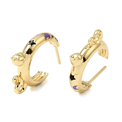 Violet Bleu Boucles d'oreille en laiton émaillé, forme de chat, boucles d'oreilles demi-créoles, sans plomb et sans cadmium, crémaillère plaquage, plaqué longue durée, réel 18 k plaqué or, bleu violet, 21.5x18~18.5x4mm