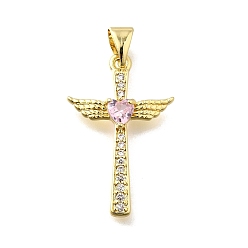 Pink Латунные микро проложить кубического циркония подвески, подвески крест, крыло и сердце, реальный 18 k позолоченный, стойки покрытие, долговечный, без свинца и без кадмия, розовые, 25x16x4 мм, отверстие : 5x3.5 мм